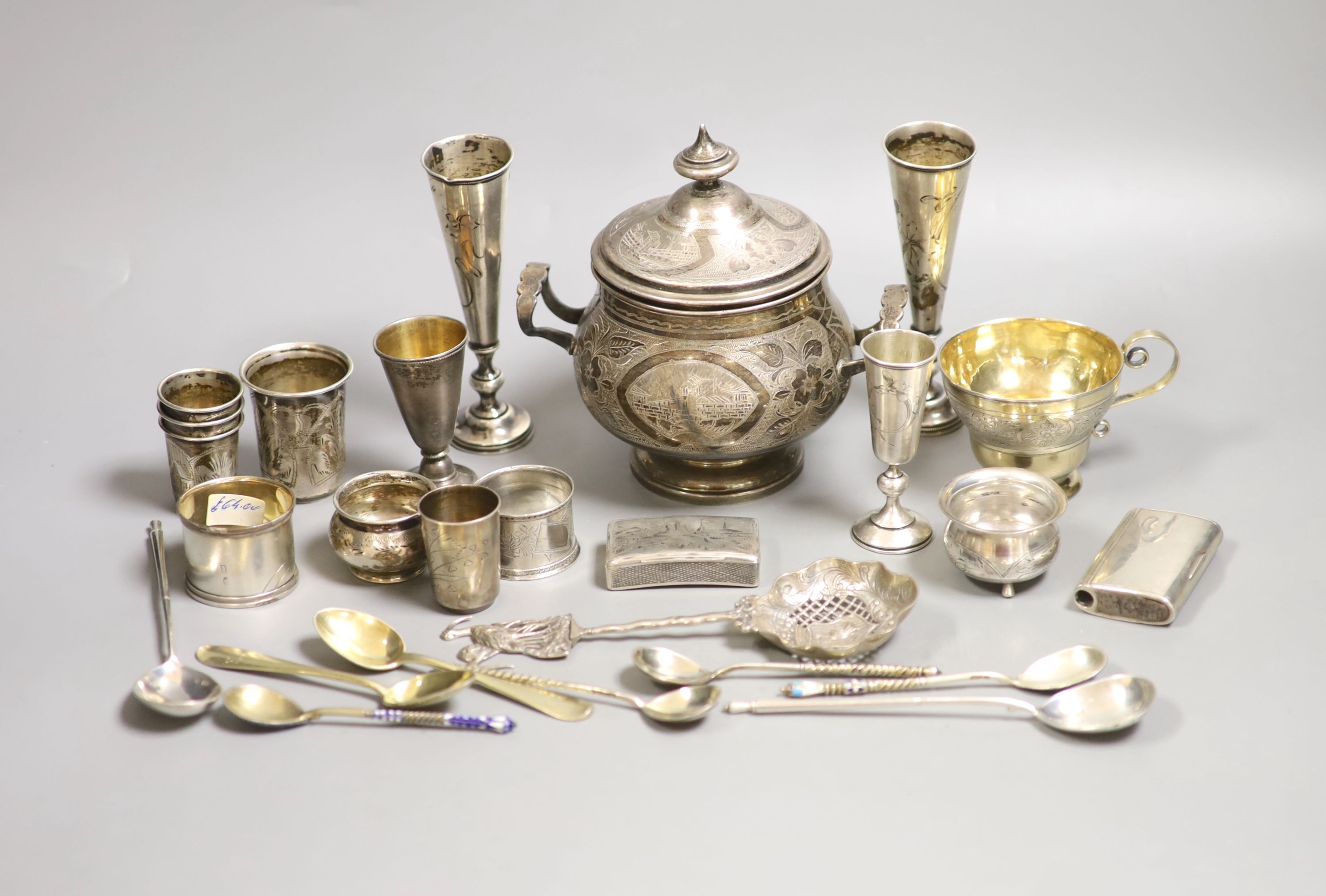 A late 19th century Russian 84 zolotnik two handled sugar bowl and cover and a small quantity of assorted Russian and Russian style items